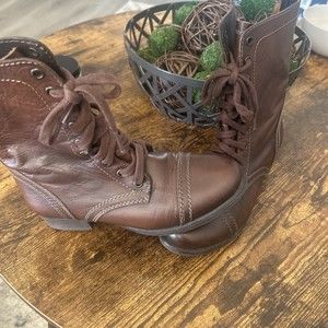 Steve Madden Troopa Tan Leather Lace Up Side Zip Combat Boots Womens Size 6.5M